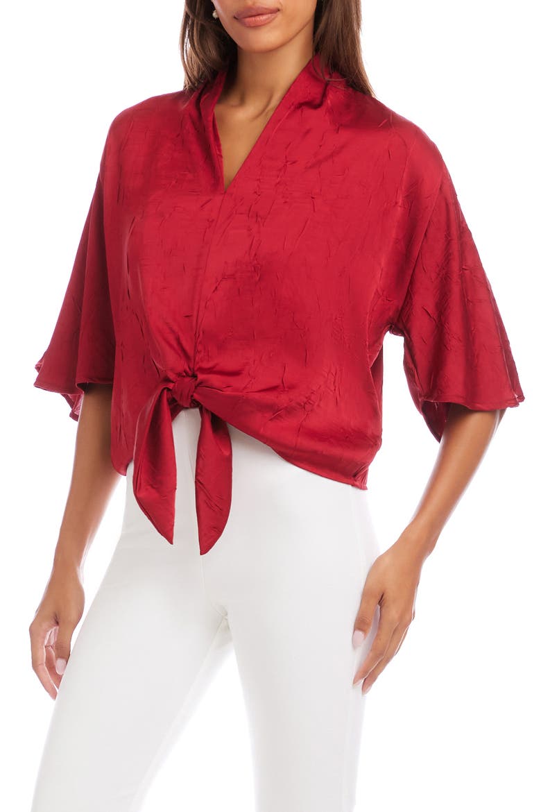 Flare Sleeve Tie Front Satin Top, Alternate, color, RED