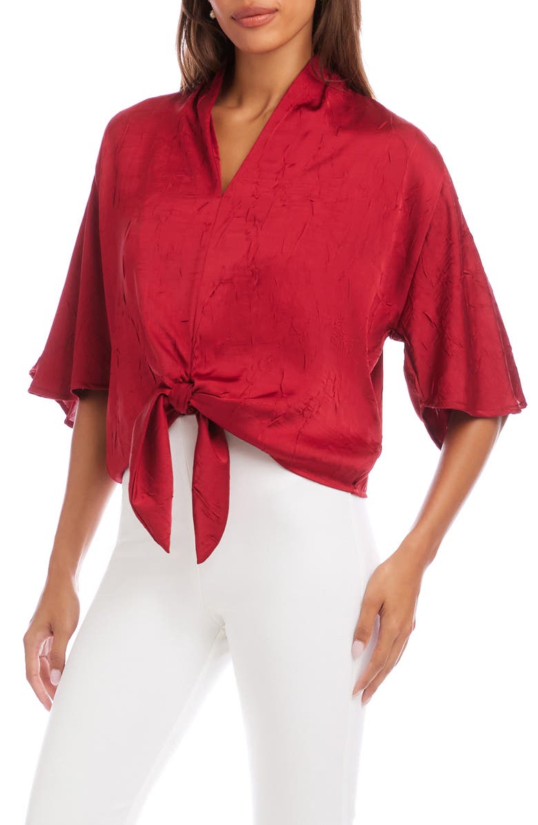 Karen Kane Flare Sleeve Tie Front Satin Top, Alternate, color, Red