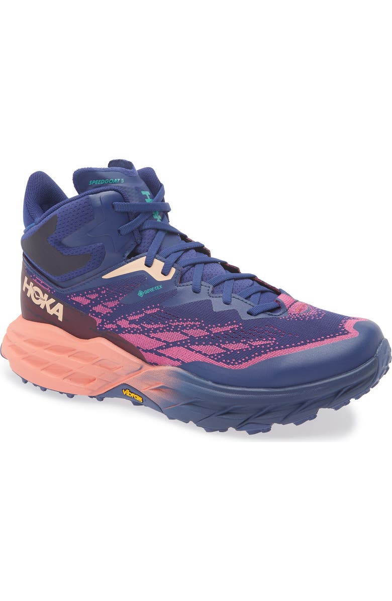 HOKA Speedgoat 5 GTX Gore-Tex<sup>®</sup> Waterproof Trail Running Shoe, Main, color, Bellwether Blue / Camellia