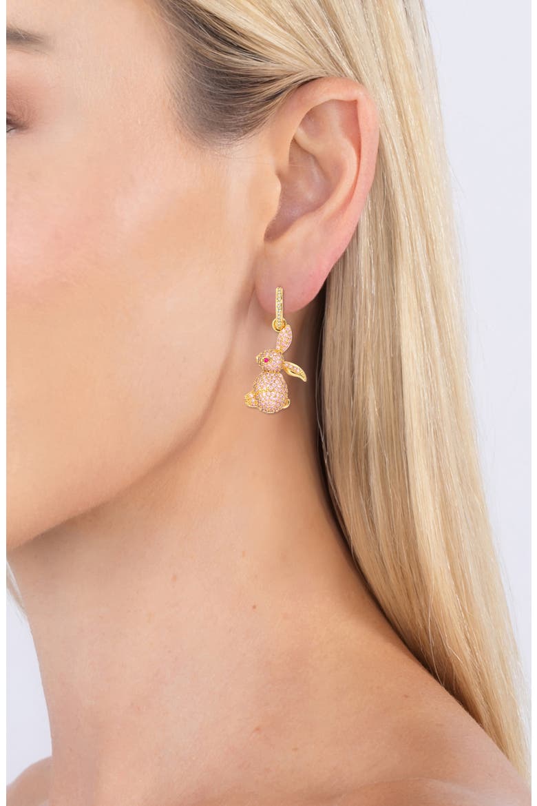 Happy Bunny Cubic Zirconia Drop Huggie Hoop Earrings, Alternate, color, GOLD/ PINK