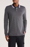 BOSS Stripe Collar Long Sleeve Cotton Piqué Polo