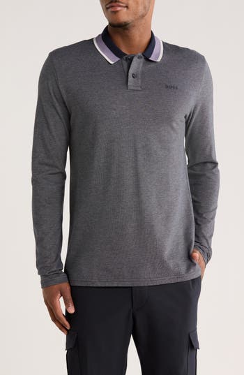 Hugo Boss Boss Stripe Collar Long Sleeve Cotton Piqué Polo In Gray