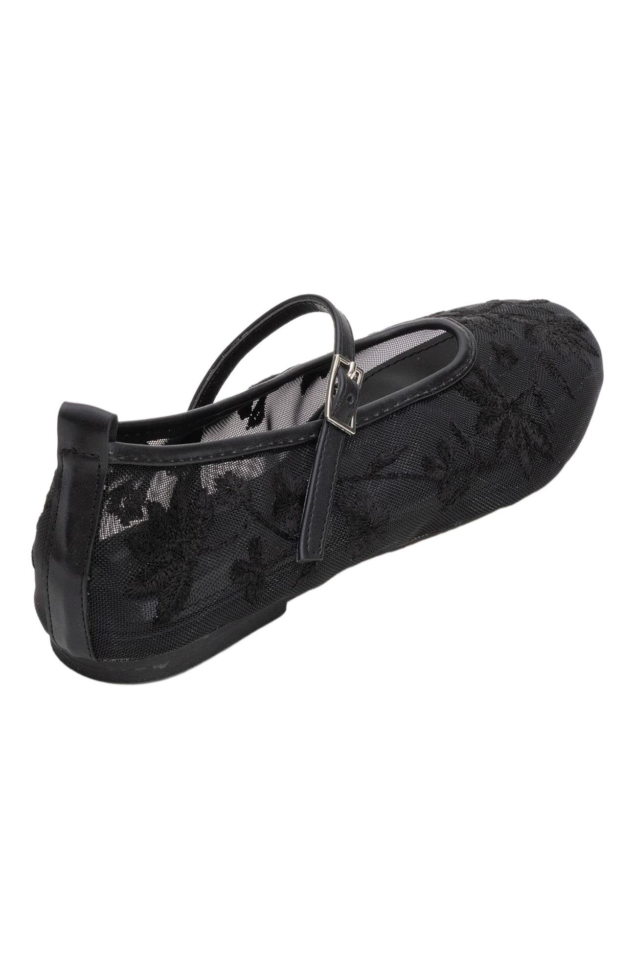 Prologue Shoes Juny Mesh Floral Embroidery Ballet Flat, Alternate, color, Black Faux Leather
