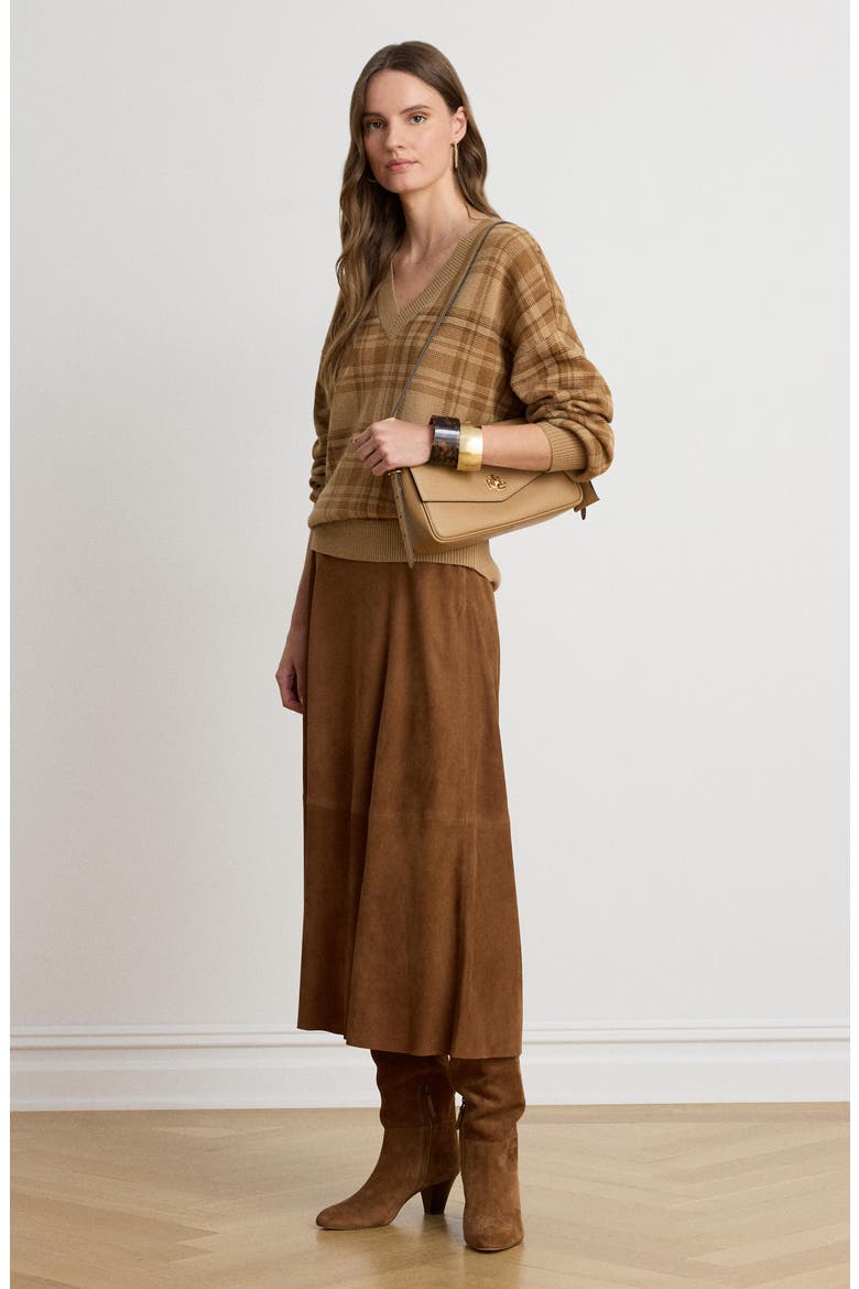 Plaid V-Neck Sweater, Alternate, color, CAMEL BEIGE