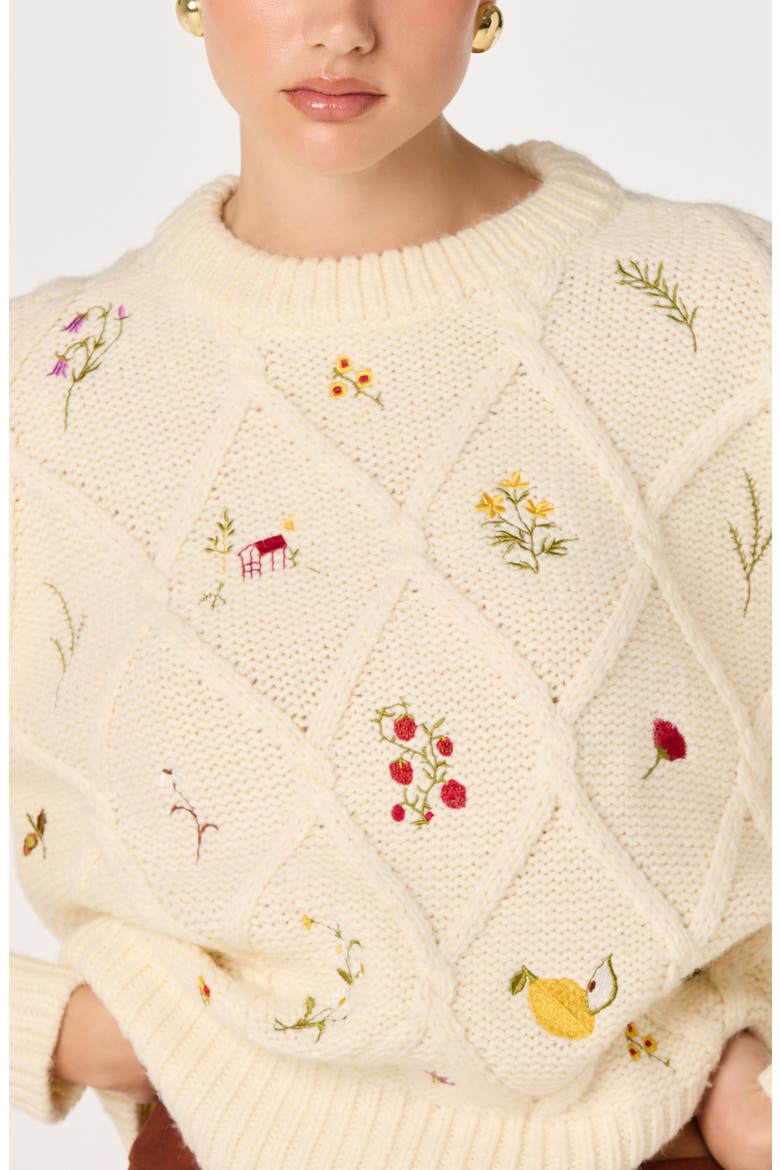 Rose Embroidered Diamond Cable Sweater, Alternate, color, IVORY