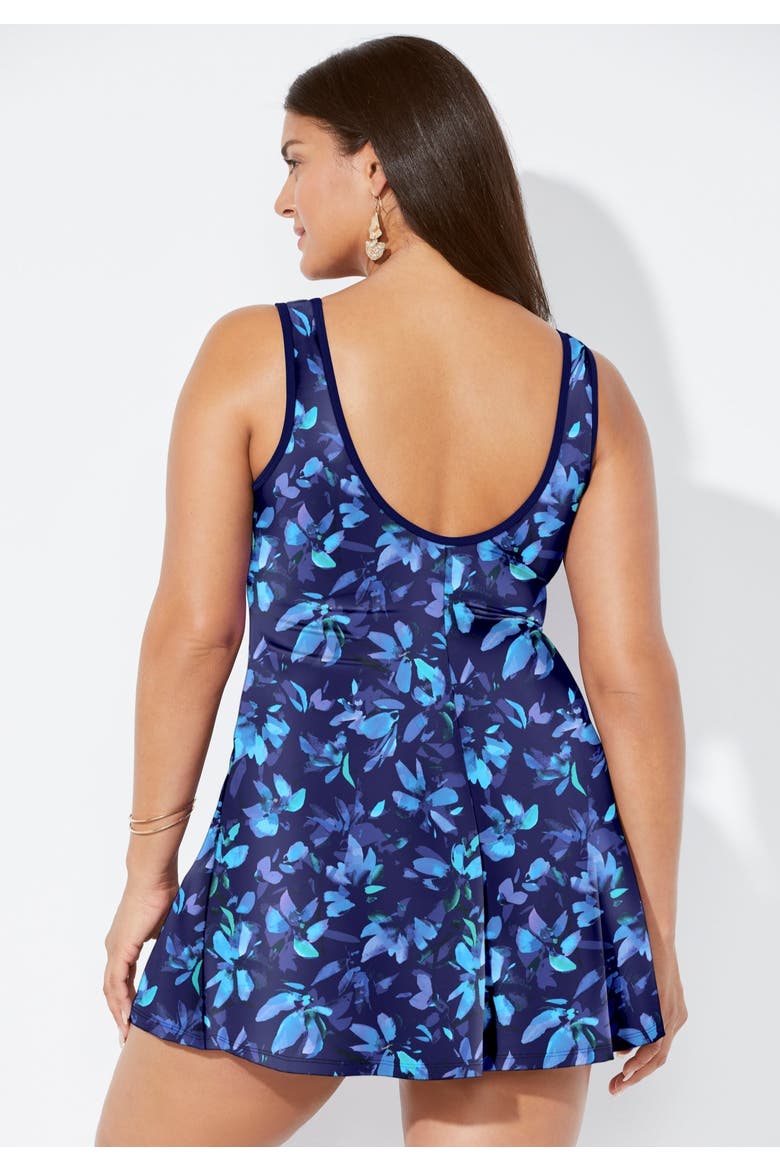 Tummy Control Princess Seam Swimdress, Alternate, color, Blue Floral