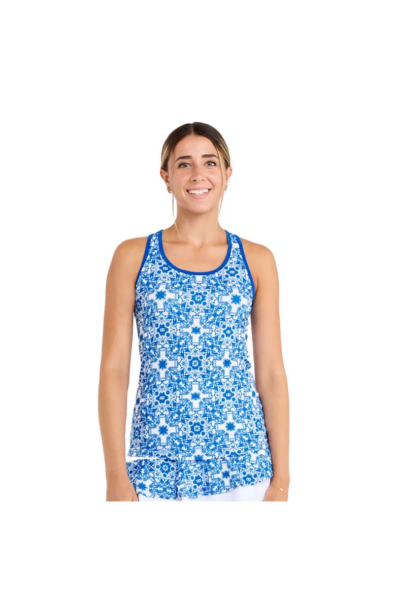 Sofibella Miss Santorini 25 Inch Racerback Womens Tennis Tank, Main, color, Sandra Tiles