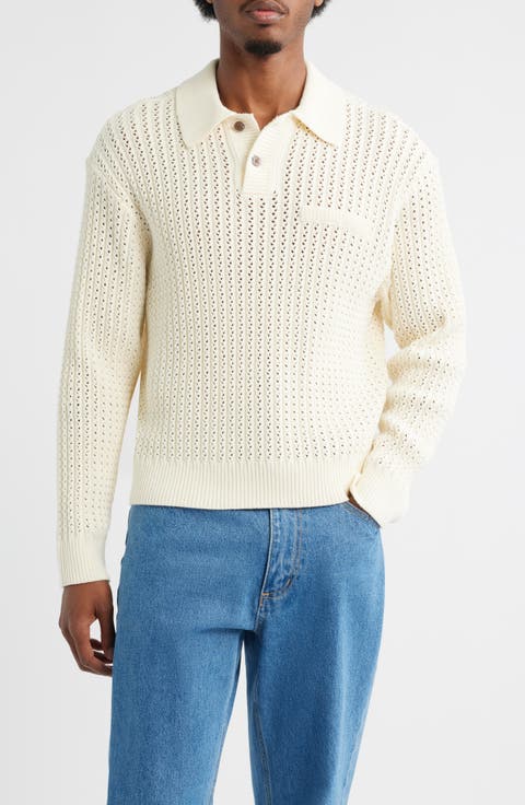 Duane Open Stitch Long Sleeve Polo Sweater