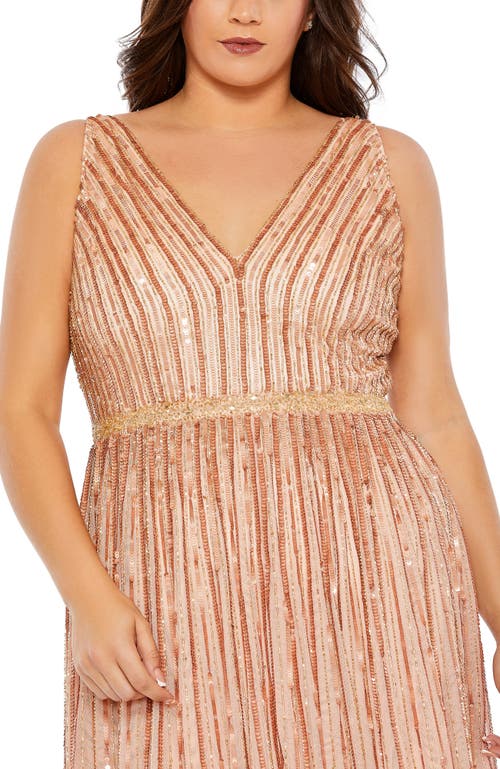 Mac Duggal Sequined Striped Sleeveless V Neck A Line Gown (plus) In Apricot