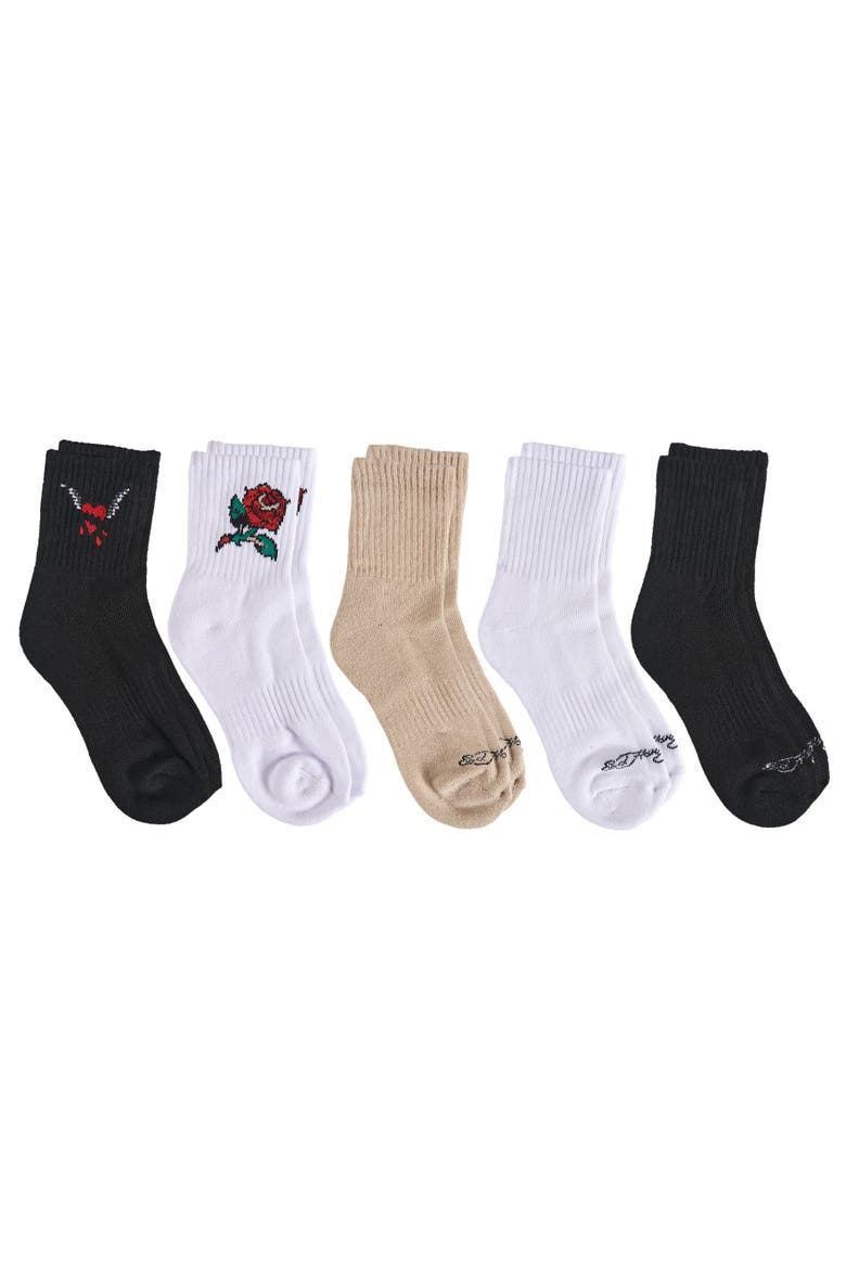 Rose Print Half Cushion Mid Crew Sock 5-Pack, Alternate, color, White Multi