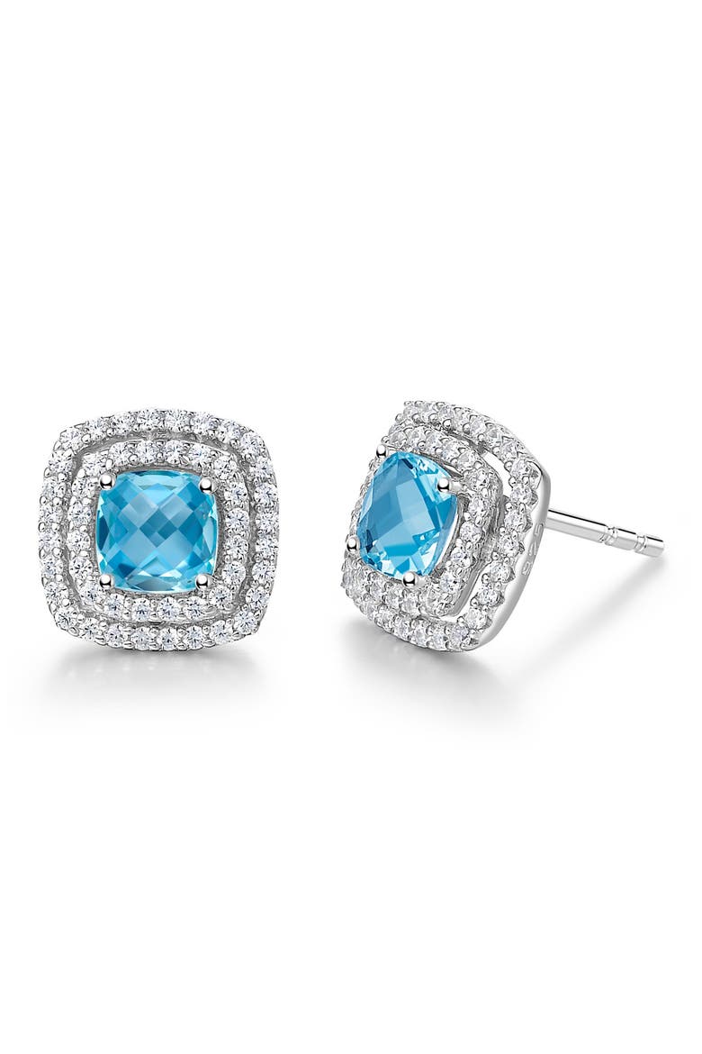 Semiprecious Stone & Simulated Diamond Double Halo Cushion Stud Earrings, Main, color, WHITE/ BLUE TOPAZ