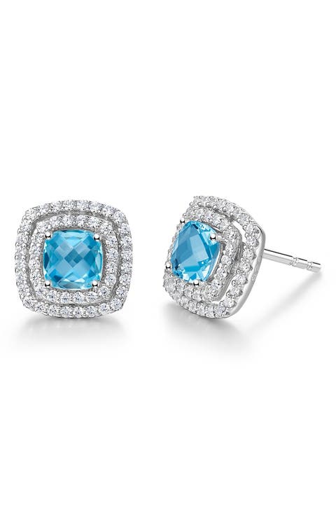 Semiprecious Stone & Simulated Diamond Double Halo Cushion Stud Earrings