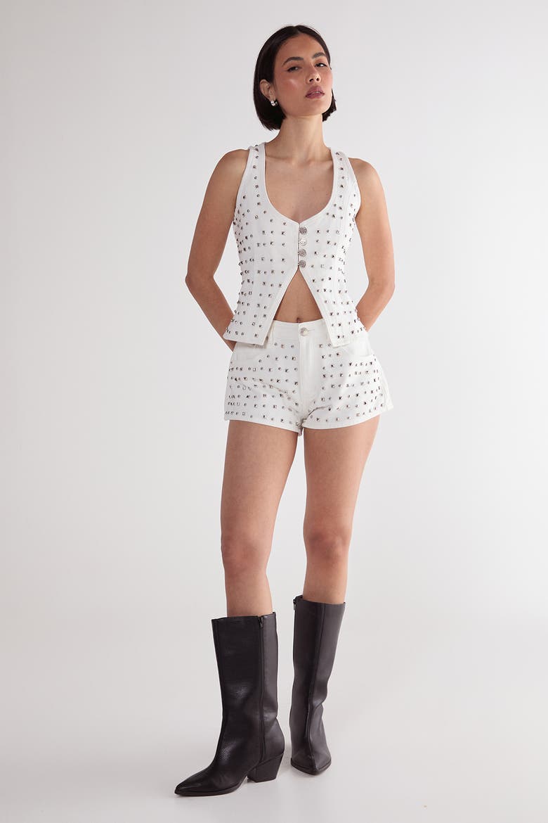 Studded Denim Corset Top, Alternate, color, White