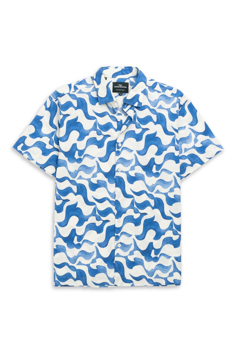 Fireshaw Wave Print Short Sleeve Cotton Button-Up Shirt, Alternate, color, OCEAN