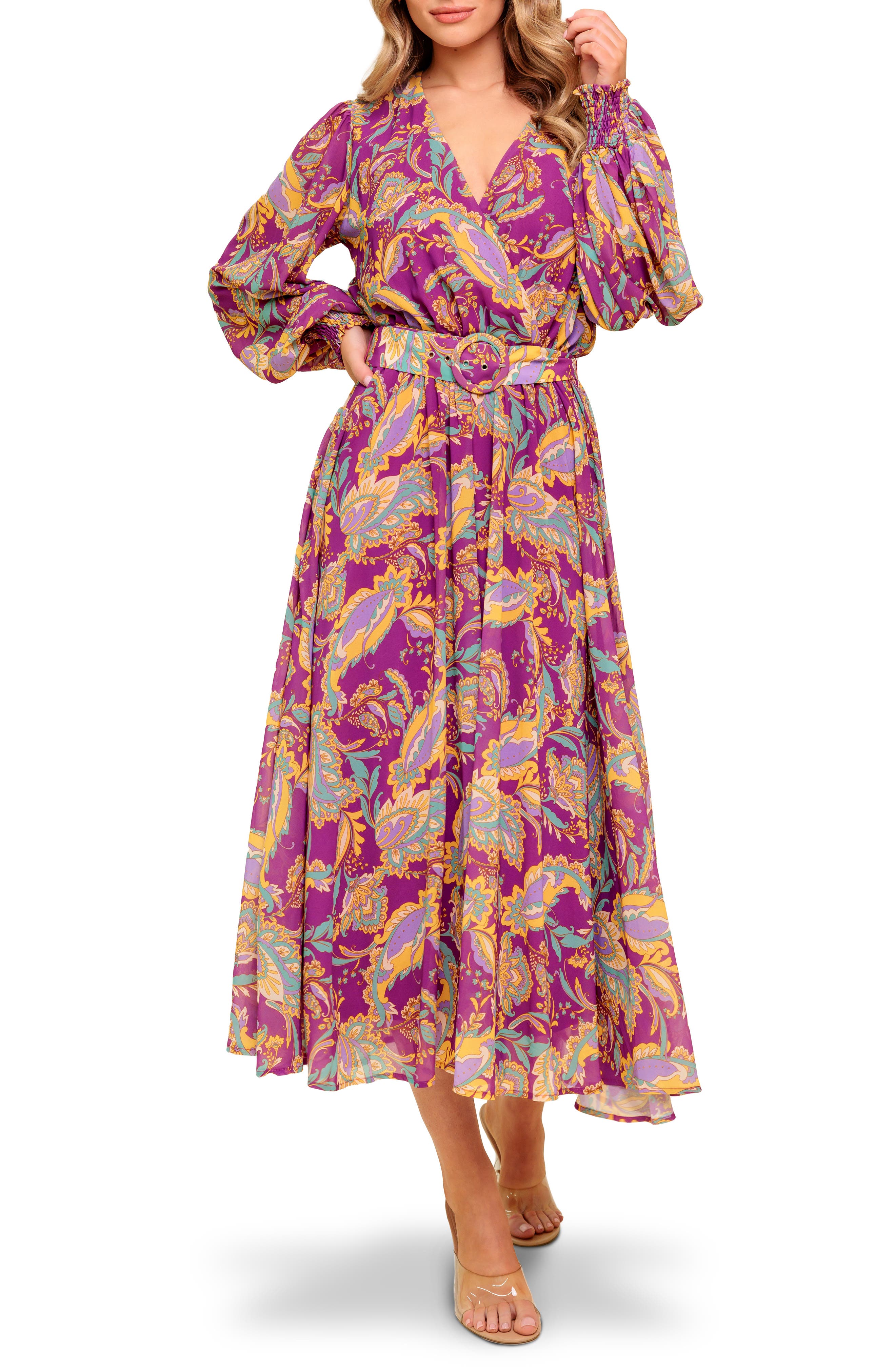 FLYING TOMATO Print Long Sleeve Midi Dress