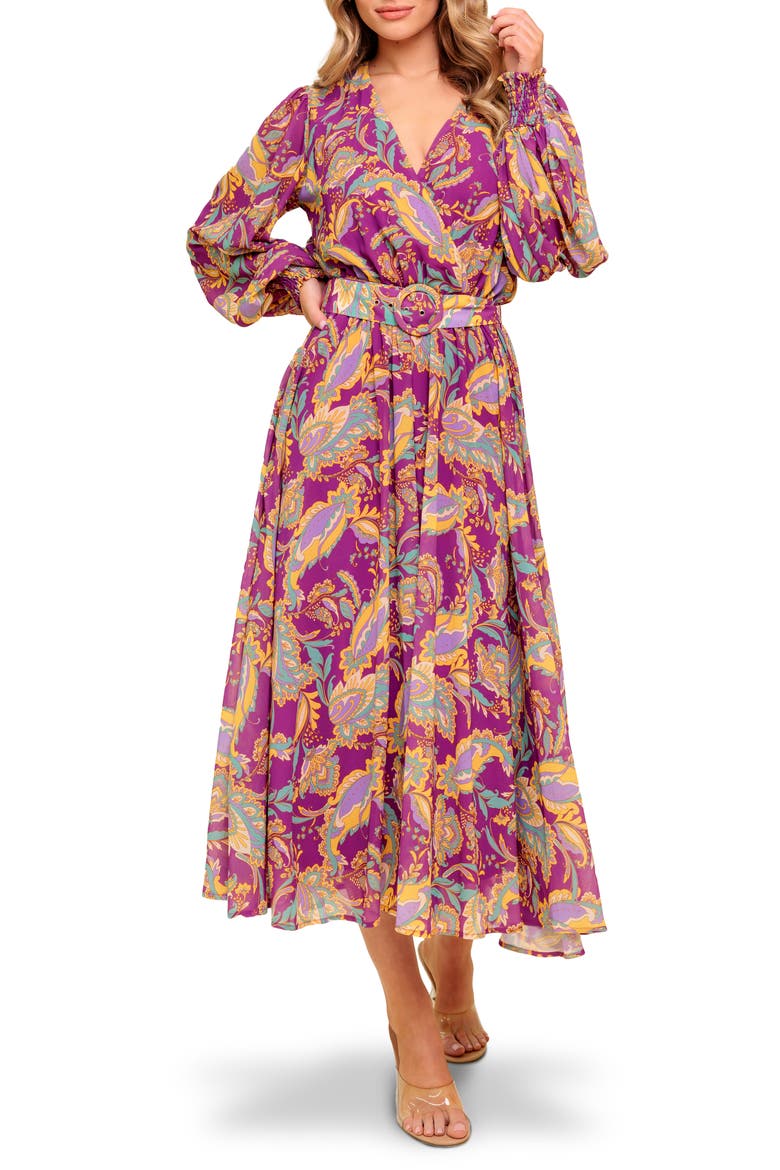 Print Long Sleeve Midi Dress, Main, color, PURPLE