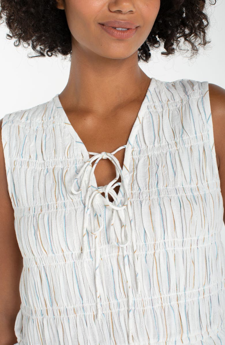 Liverpool Los Angeles Stripe Smocked Tie Sleeveless Cotton Tank, Alternate, color, Cream/Blue Multi Stripe