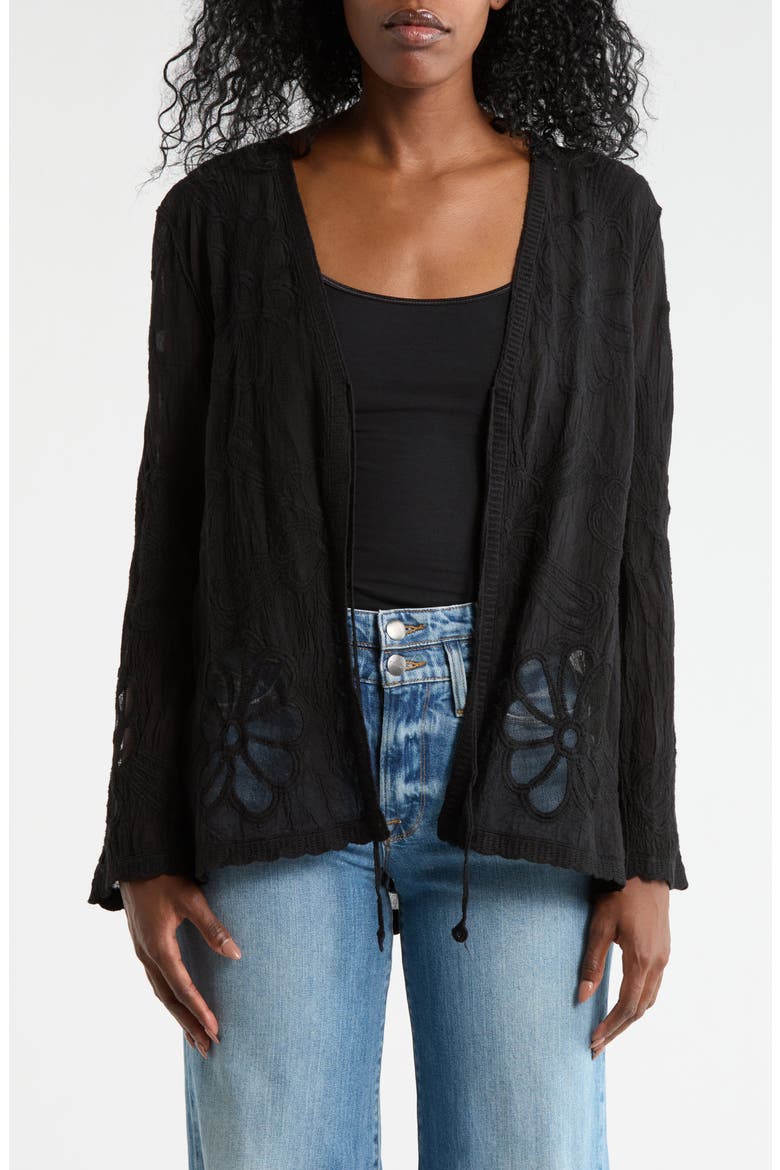Floral Embroidered Tie Front Cardigan, Main, color, BLACK