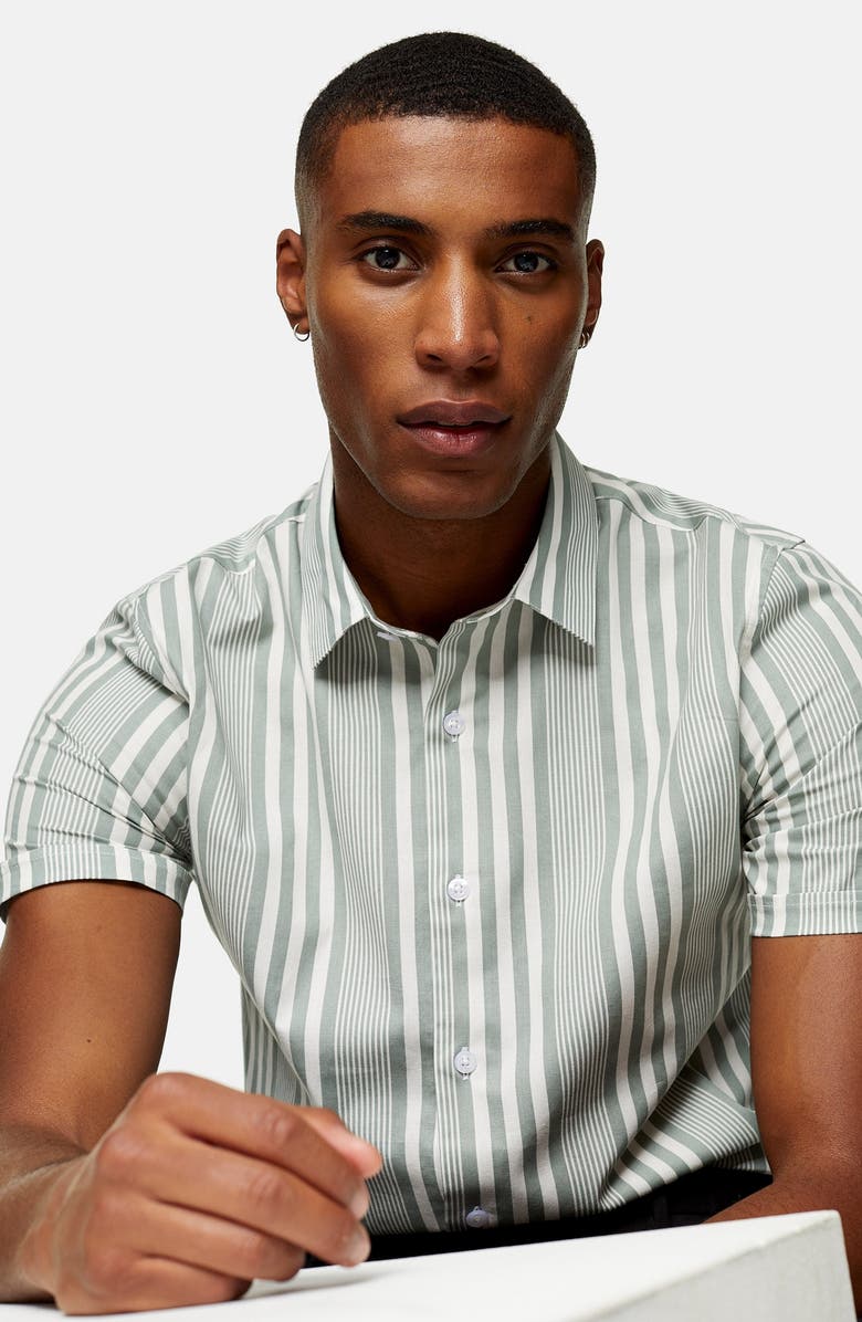 Topman Stripe Slim Fit Short Sleeve Button-Up Shirt, Alternate, color,
