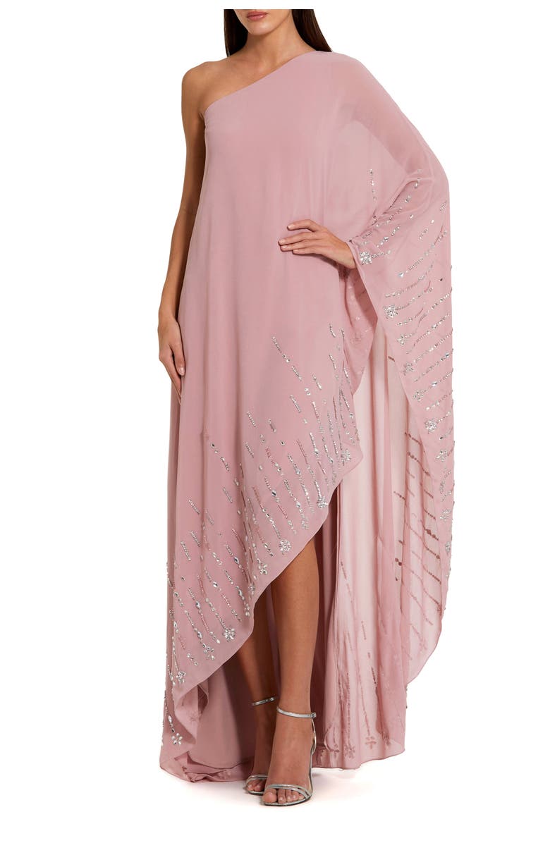 Mac Duggal One Shoulder Georgette Beaded Trim Kaftan Gown, Main, color, Antique Rose