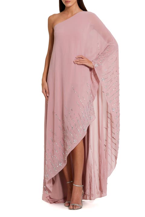 One Shoulder Georgette Beaded Trim Kaftan Gown