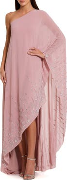 Mac Duggal One Shoulder Georgette Beaded Trim Kaftan Gown