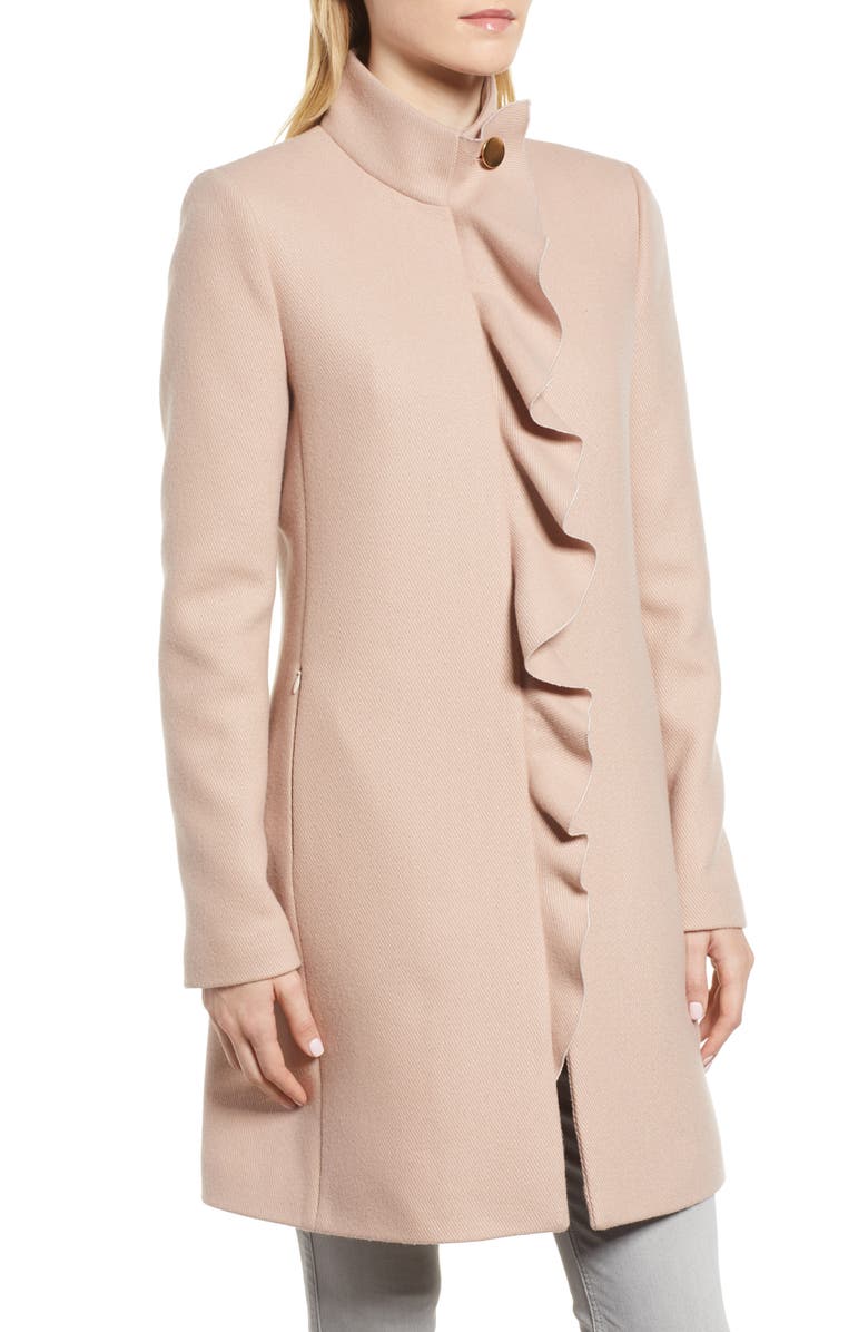 Kensie Ruffle Twill Coat, Alternate, color, 