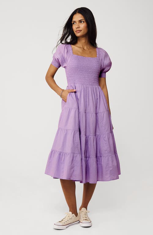 LANDS' END LANDS' END SMOCKED COTTON DOBBY MIDI PUFF SLEEVE DRESS