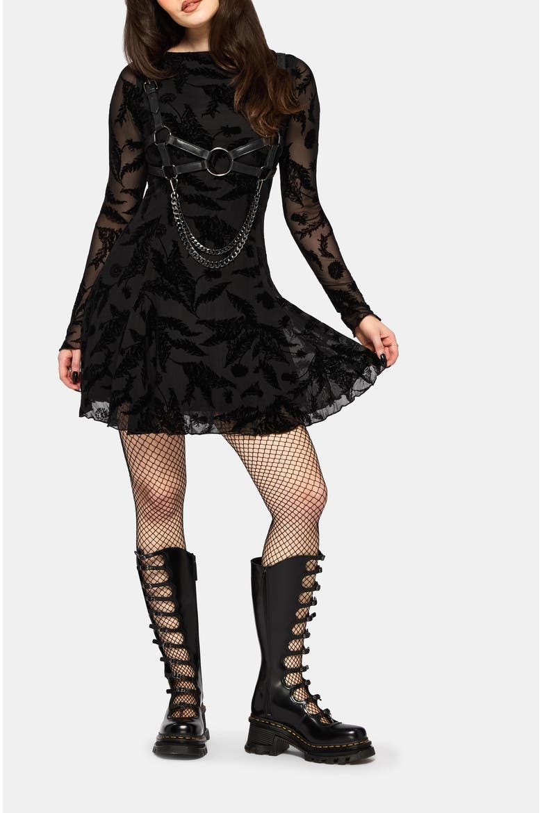 Cimora Dandelion Flocked Mesh Mini Dress, Alternate, color, Black