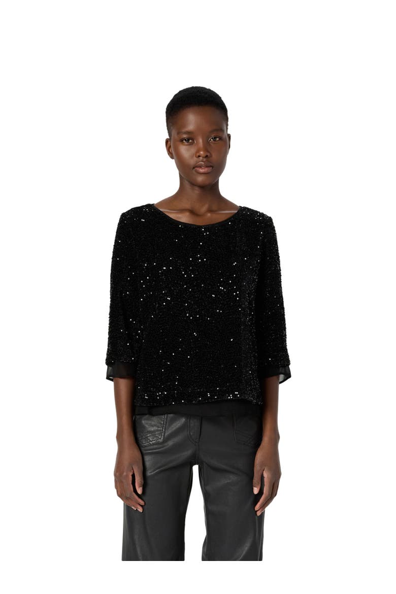 Alienor Sequin 3/4 Sleeve Voile Trim Top, Main, color, Black