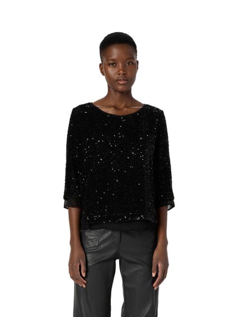 Alienor Sequin 3/4 Sleeve Voile Trim Top