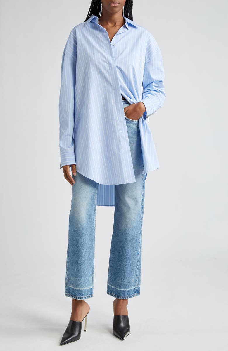 Off-White Stripe Round Back Zip Cotton Poplin Shirt | Nordstrom