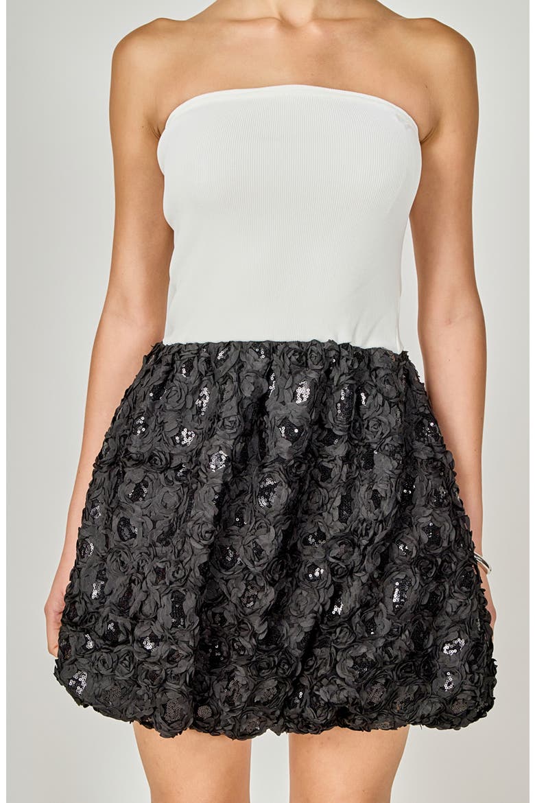Voluminous Bubble Hem Strapless Mixed Media Minidress, Alternate, color, IVORY/ BLACK