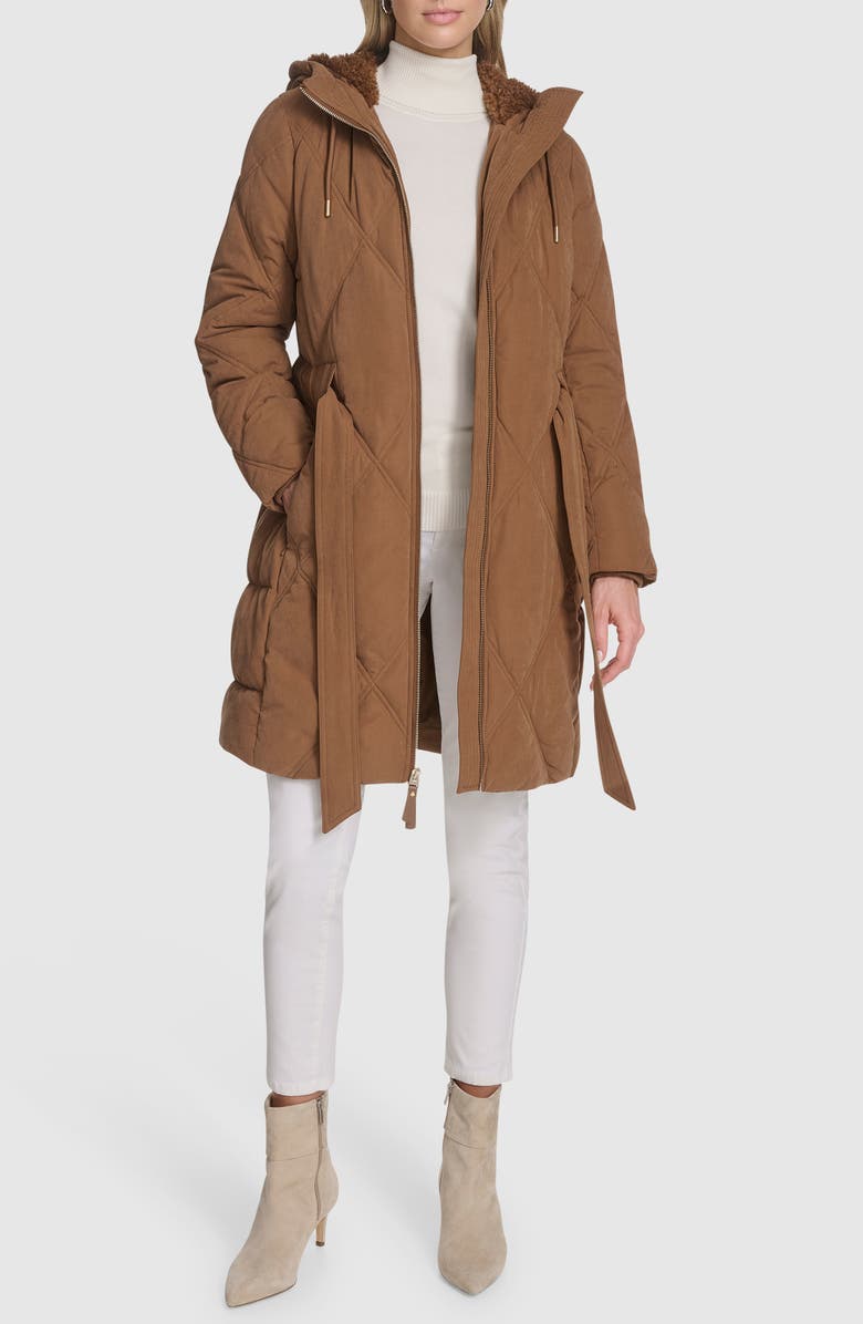Andrew Marc Hollis Belted Faux Fur Lined Parka, Alternate, color, Clay