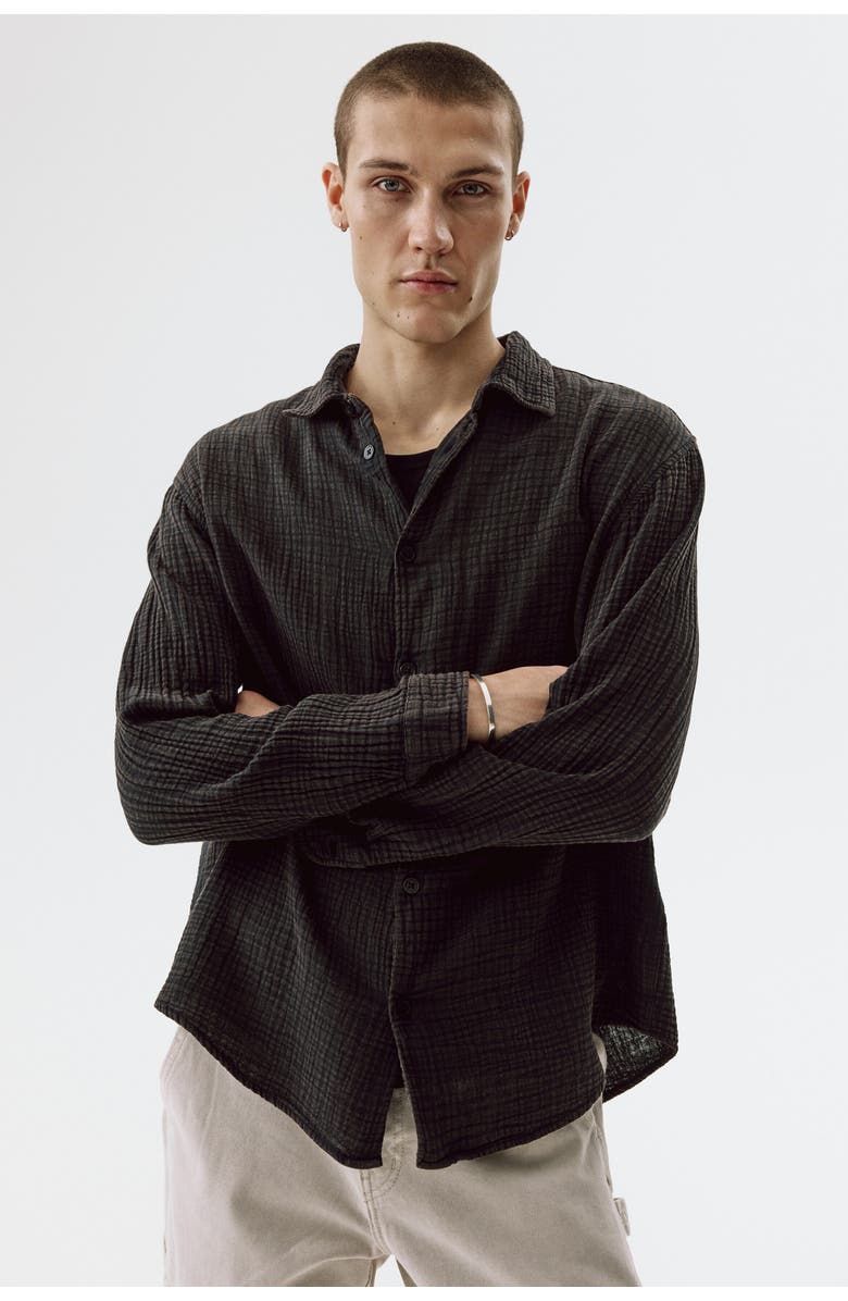 H&M Regular Fit Cotton Muslin Shirt, Alternate, color, Black