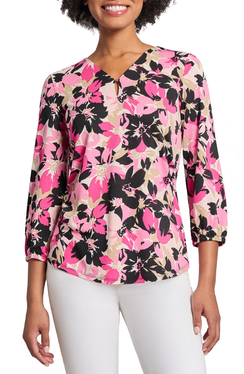 Jones New York Floral Three-Quarter Sleeve Crepe Top, Main, color, 