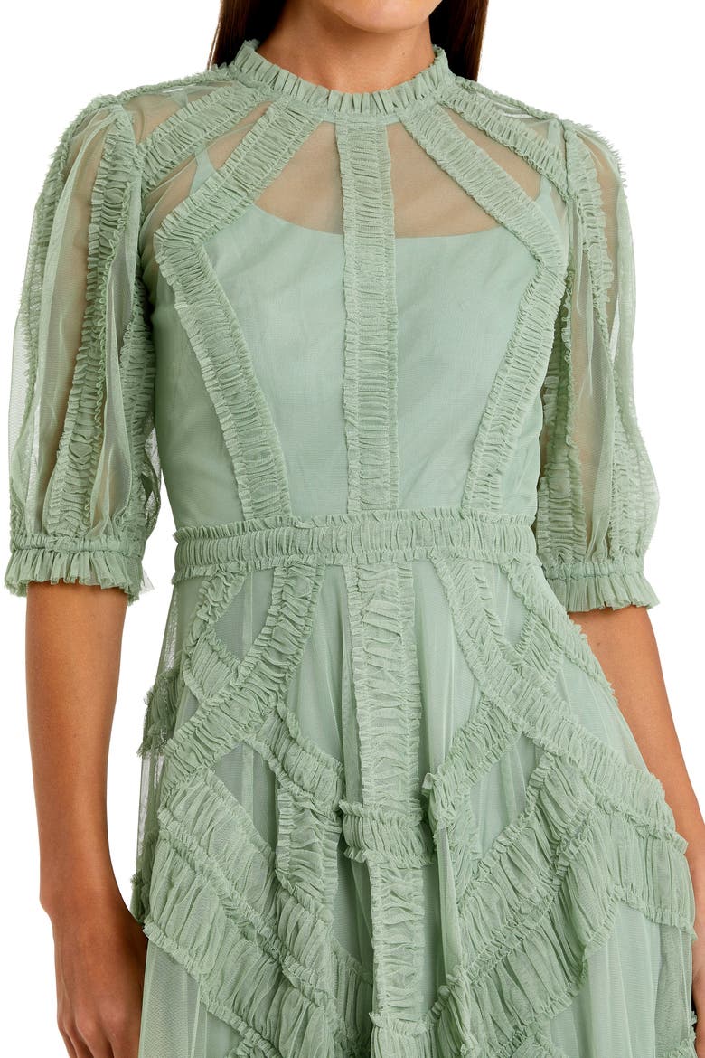 High Neck Puff Sleeve Ruffle Tiered Midi Dress, Alternate, color, Jade