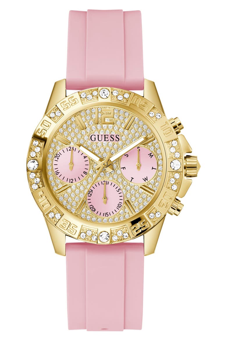 Pink Multifunction Crystal Silicone Strap Watch, 40mm, Main, color, PINK