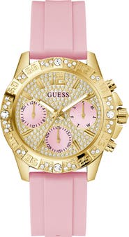 GUESS Pink Multifunction Crystal Silicone Strap Watch, 40mm