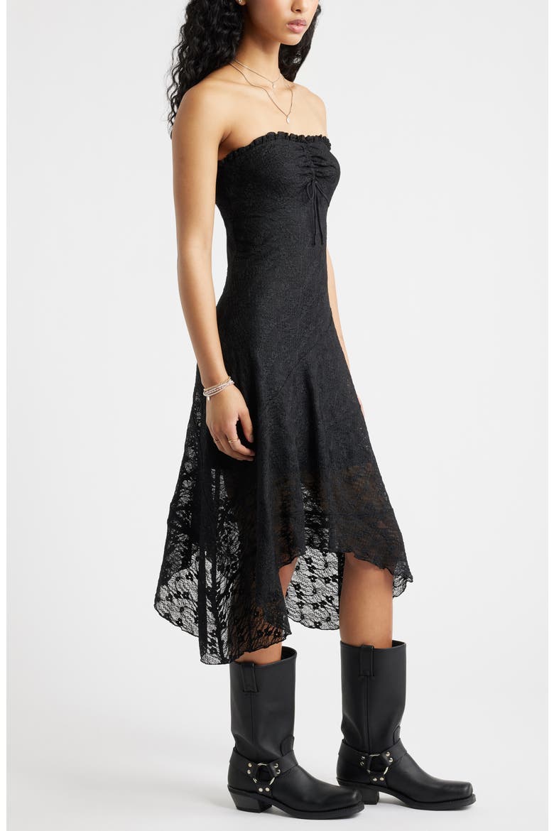 Strapless Lace Asymmetric Hem Dress, Alternate, color, BLACK