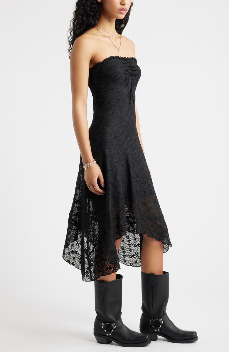 BP. Strapless Lace Asymmetric Hem Dress, Alternate, color, Black