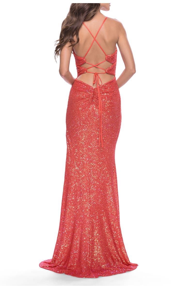La Femme Sequin Long Dress with Triangle Cut Out in Hot Coral, Alternate, color, Hot Coral