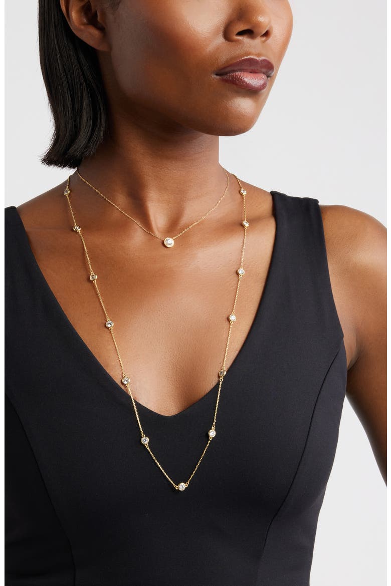 Bezel Cubic Zirconia Station Long Necklace, Alternate, color, CLEAR- GOLD
