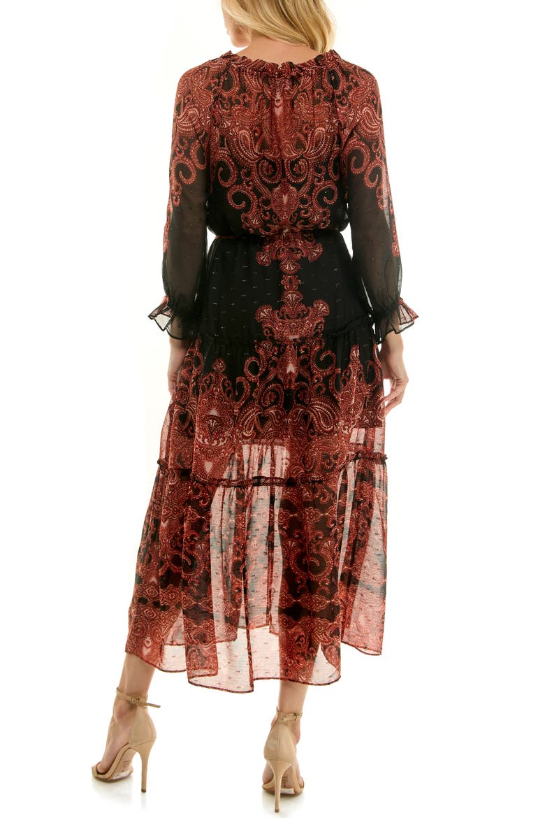 Poet Long Sleeve Chiffon Midi Dress, Alternate, color, BLACK/ RUST
