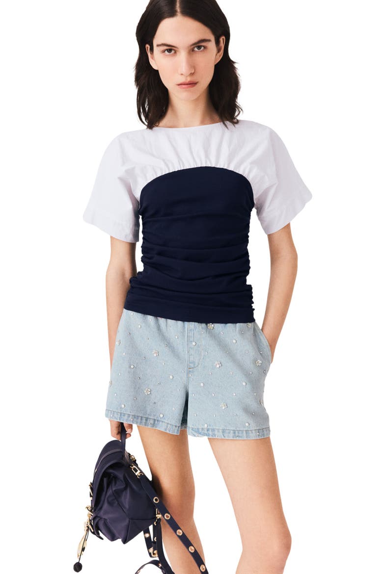 Pleated jersey top, Alternate, color, White/navy