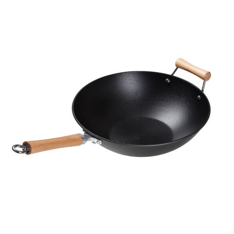 Preseasoned Cast Iron Flat Bottom Wok with Maple Handle, 14-Inch