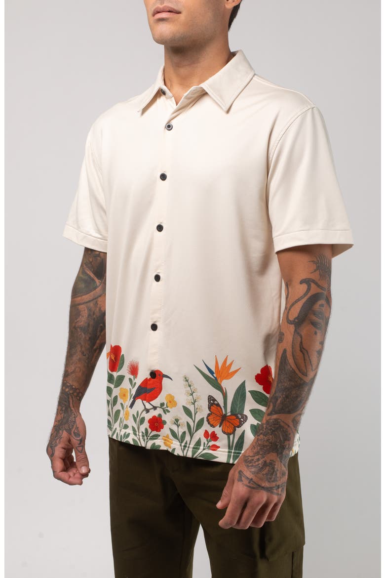 Aqua Terra Floral Fauna Tech Short Sleeve Performance Button-Up Shirt, Alternate, color, SAND MULTI