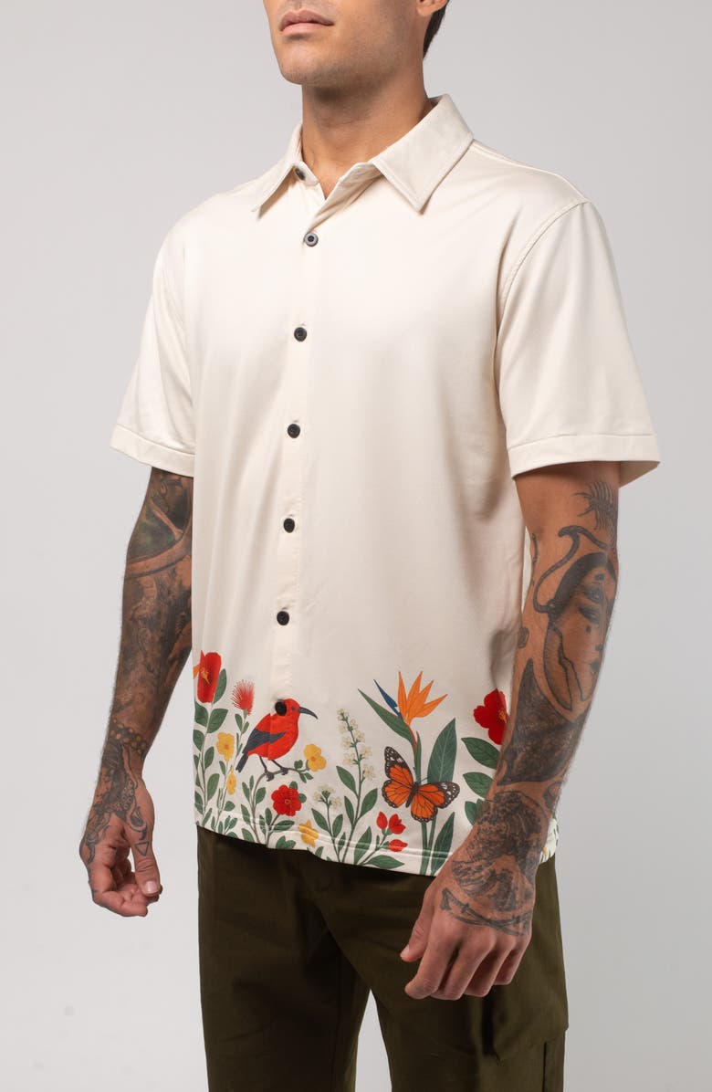 VAST Aqua Terra Floral Fauna Tech Short Sleeve Performance Button-Up Shirt, Alternate, color, Sand Multi