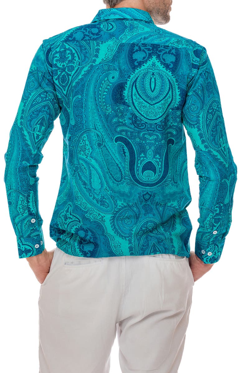 RANEES Paisley Linen Blend Button-Up Shirt, Alternate, color, Teal