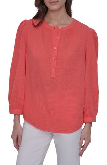 Dkny Jeans Gauze Henley Shirt In Coral Crush